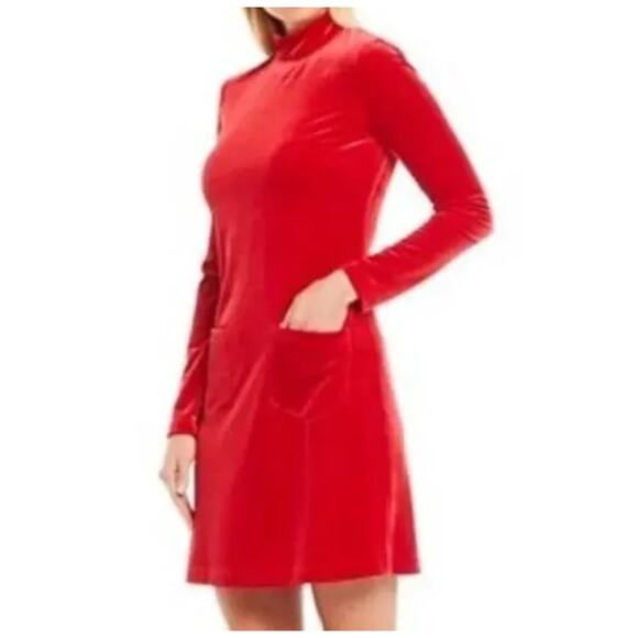 Gianni Bini Dress Womens 10 Red Velour Mock Neck Velvety Modern Holiday Festive - Picture 2 of 16